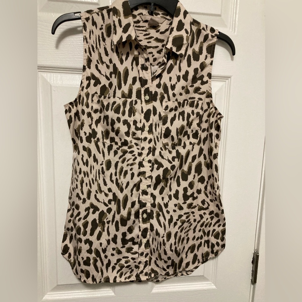 Banana Republic Tan Leopard Print Women’s Button Down Sleeveless Blouse #IR
